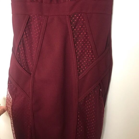 Privy Burgundy Red Sheer Mock Neck Bodycon Dress - Picture 3 of 7